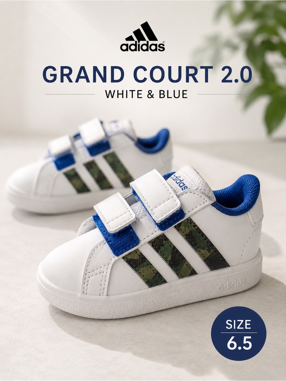 Adidas Grand Court 2.0 Kids White Blue Camo Velcro Sneakers Size 6.5